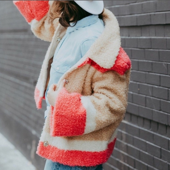 Anthropologie Jackets & Blazers - Pink and Tan Sherpa teddy coat by Anthropologie.